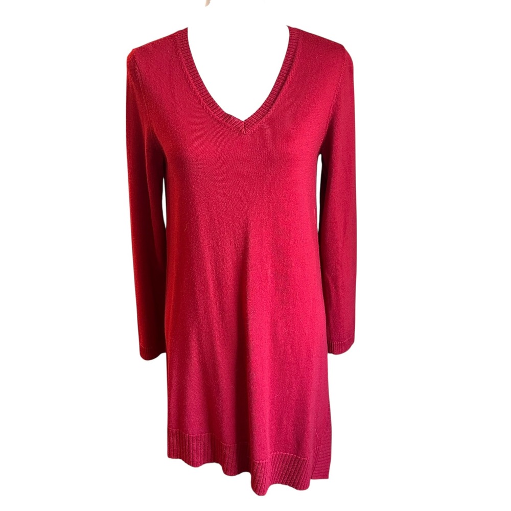 Eileen Fisher Sweater Women's XS Red Merino Wool V Neck Long Sleeve‎ Tunic